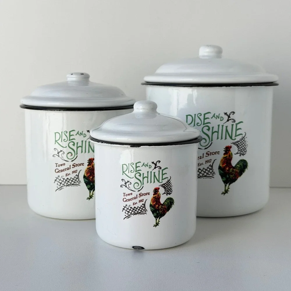 Vintage Rise and Shine Rooster Nesting Enamel Canister 3pc Set Farmhouse